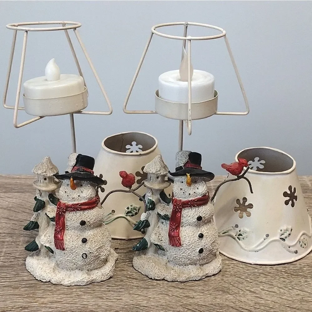 VTG Set of 2 Christmas Ceramic Snowman‎ Metal Shade Tealight Holders
